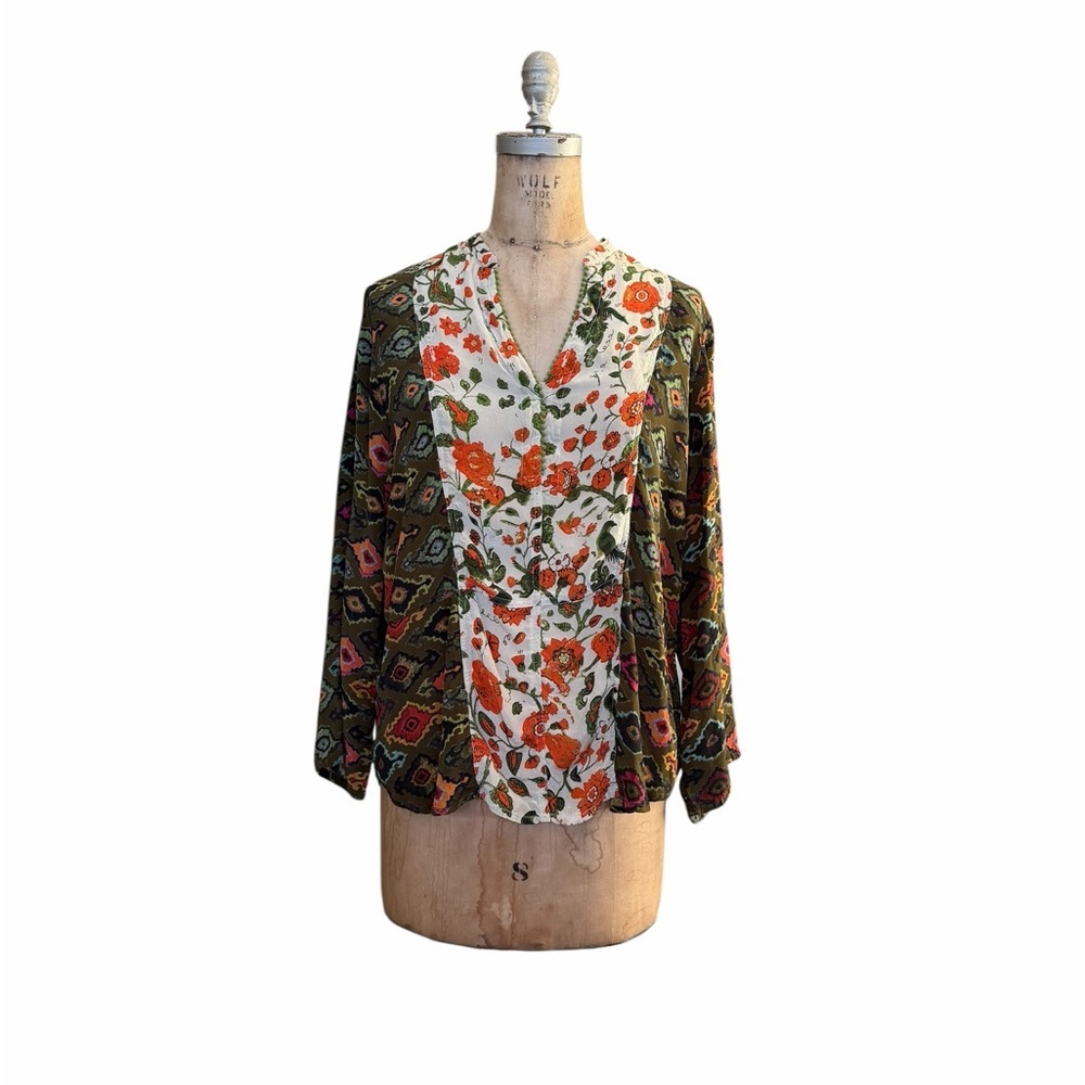 Benares Floral Patterned Mix Print Floral/Ikat Blouse Size M Lightweight Boho
